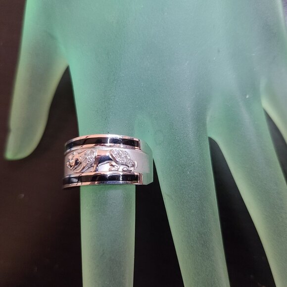 Men 14k White Gold Leopard Cat Enamel Diamond Ring